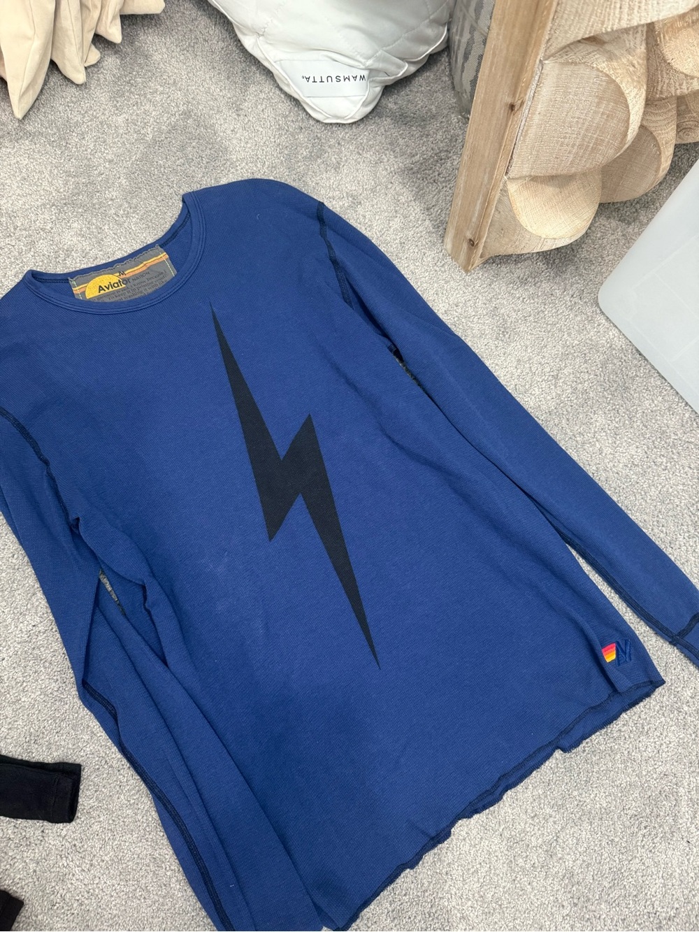 Aviator Nation Blue Long Sleeve Tee with Black Lightning Bolt